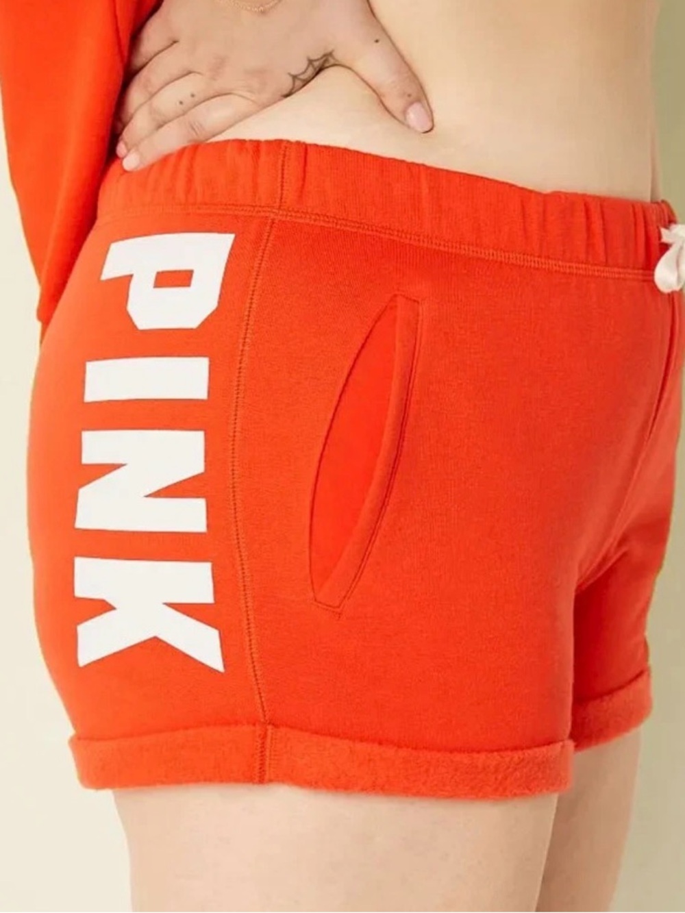 PINK Victoria's Secret Bright Orange Fleece Shorts with White Logo